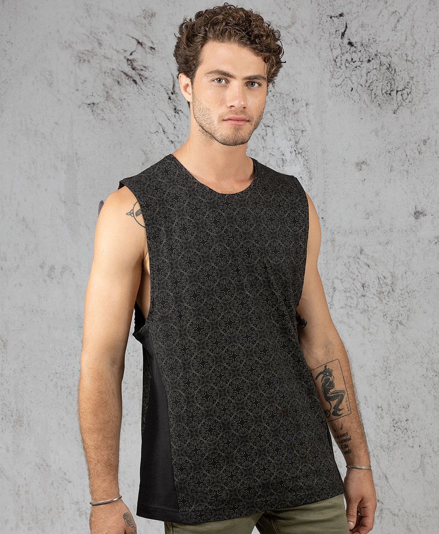 Black Printed Tank Top for men Boho Hippie 