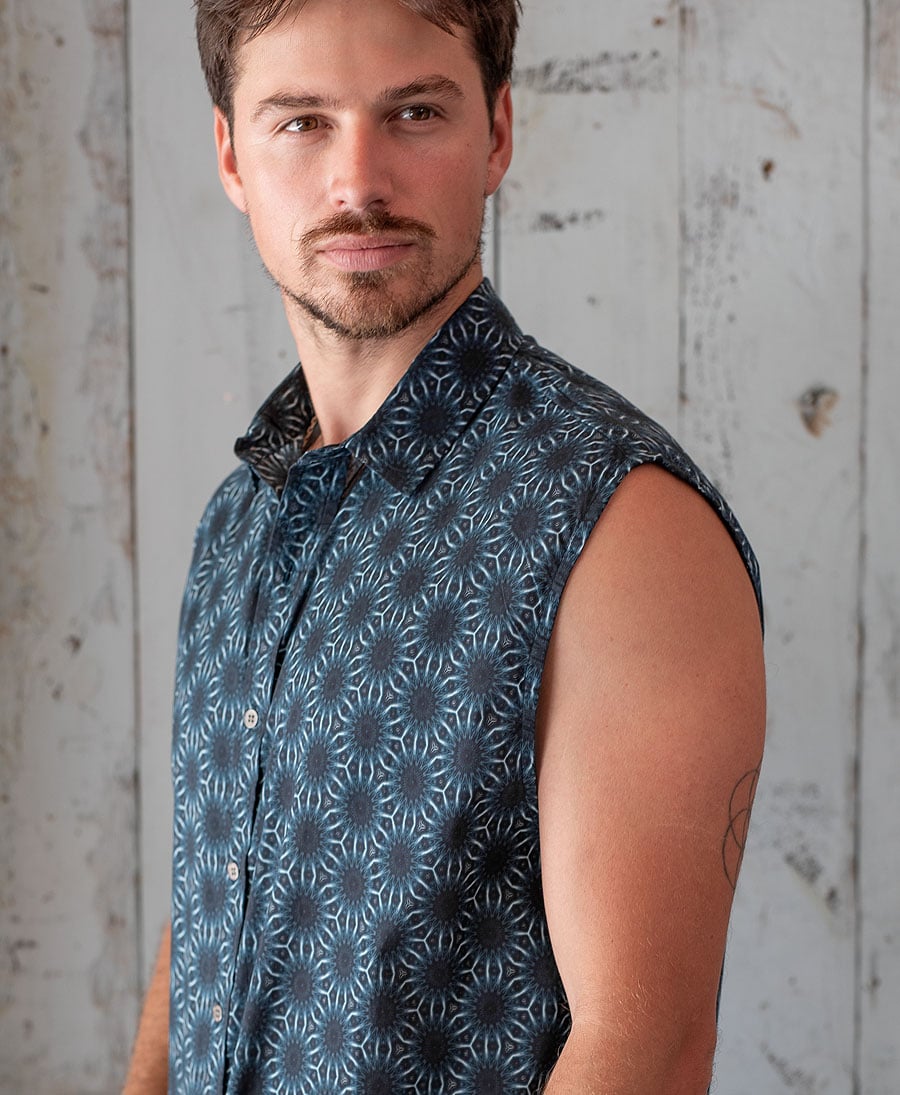 blue printed button up sleeveless shirt