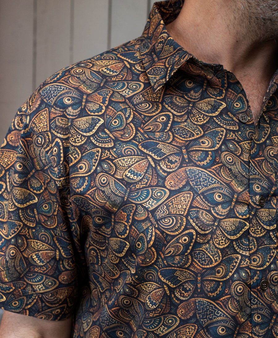 Brown butterfly print button up men shirt