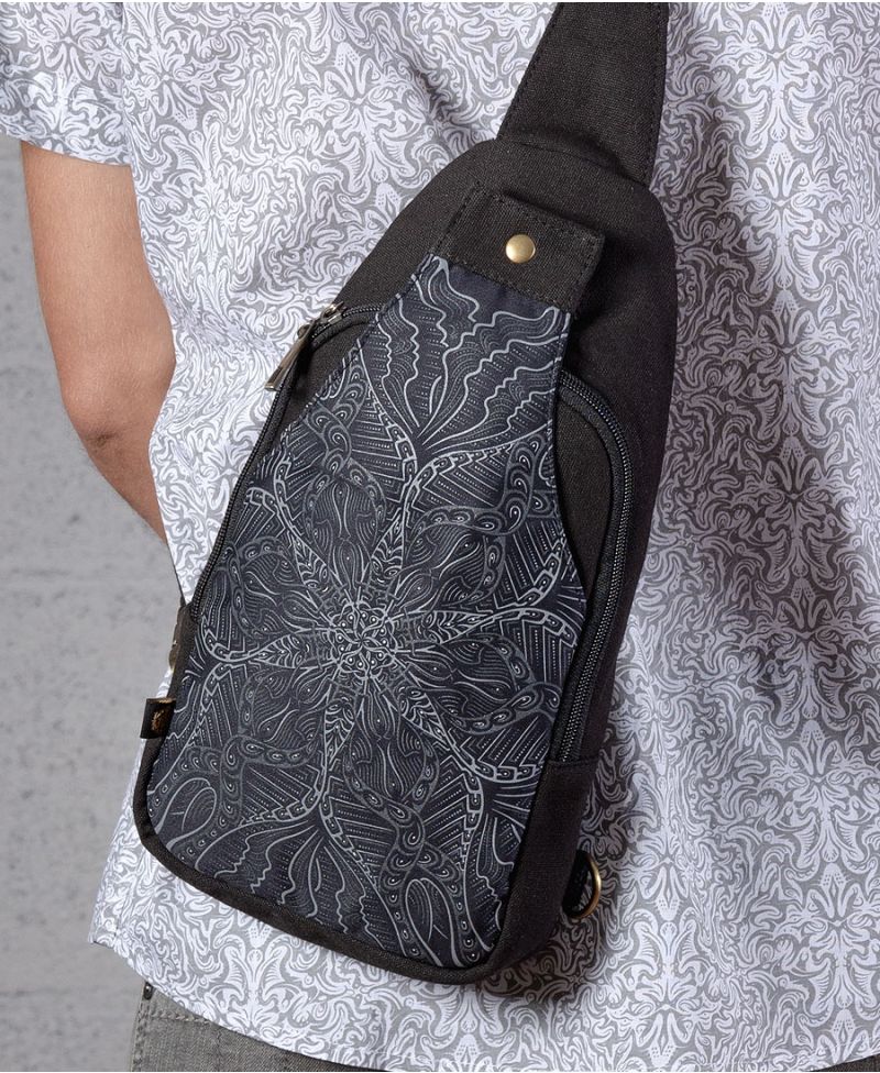 Sling Bag with Printed Strap-Black