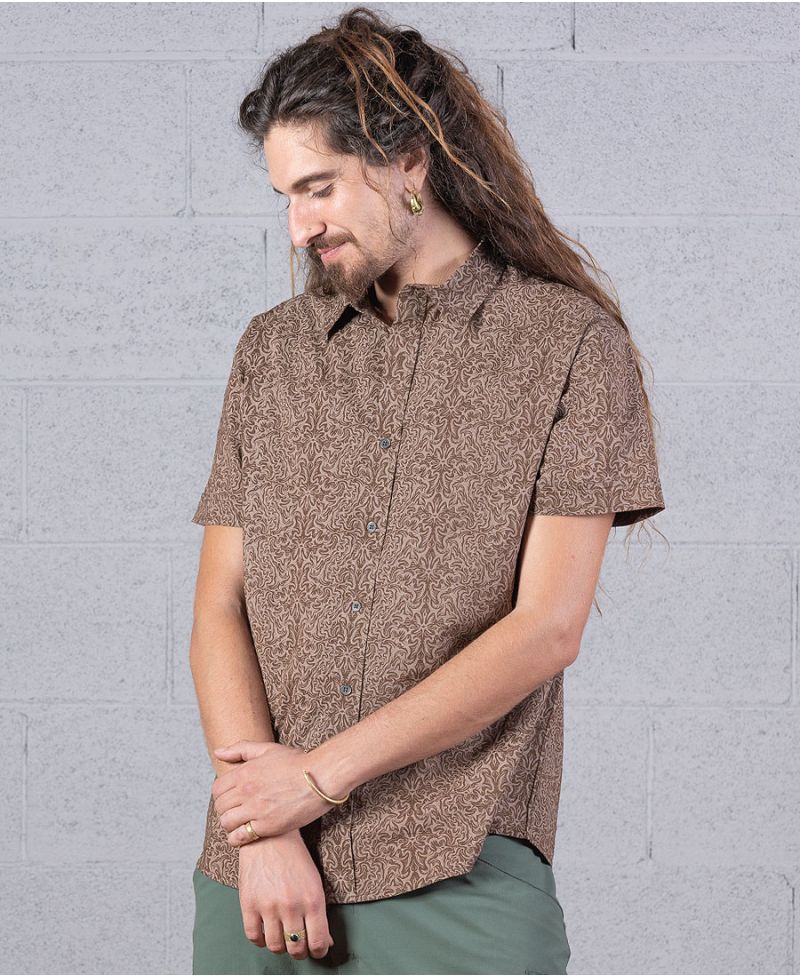 Boho Hippie Men Button Down Brown Shirt