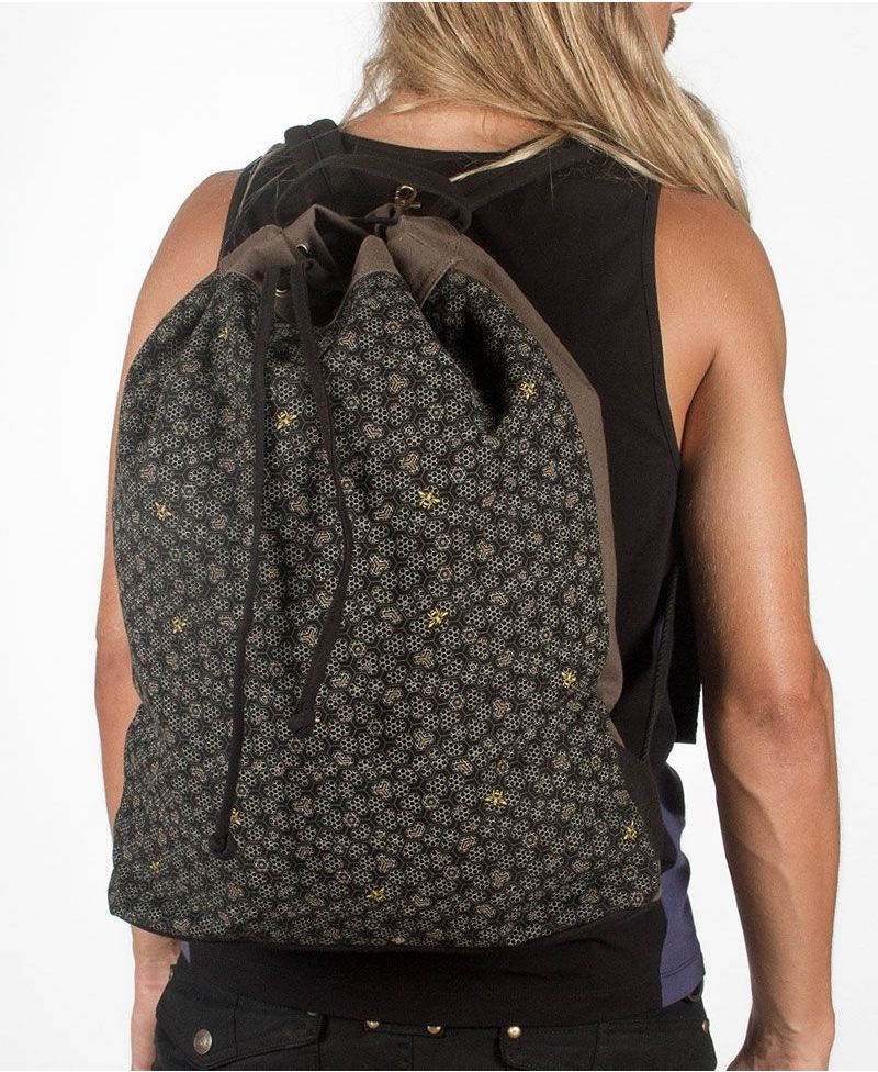 Psy Trance Padded Drawstring Backpack Sack Bag Bee Hive Black Grey