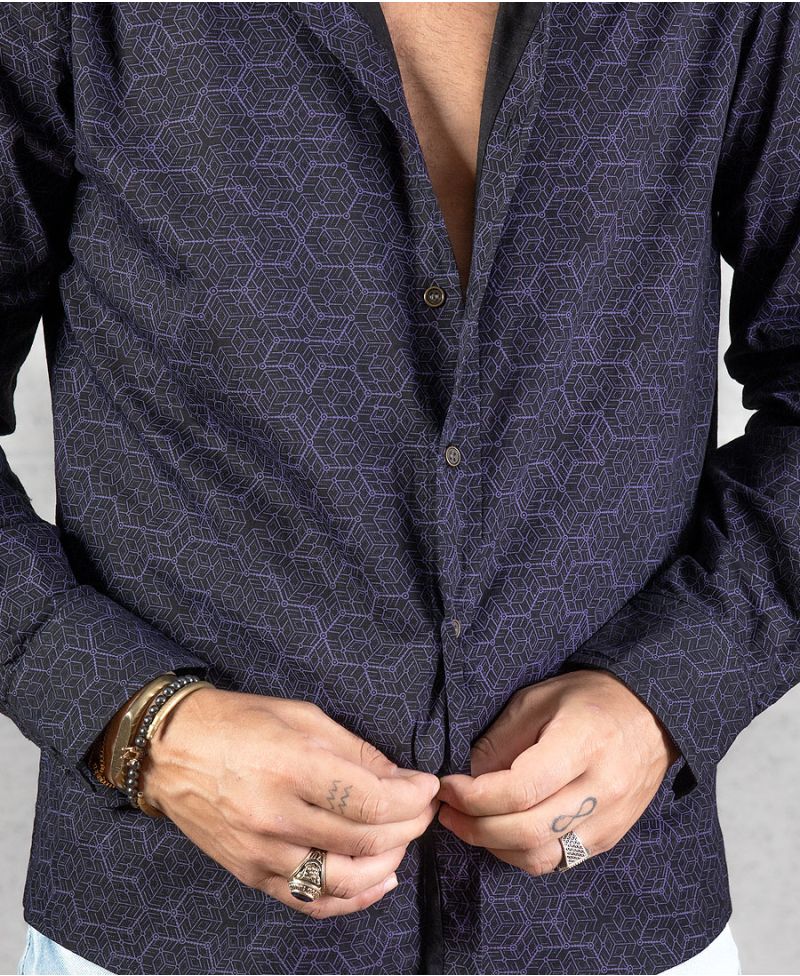 long sleeve men button up shirt geo print purple  