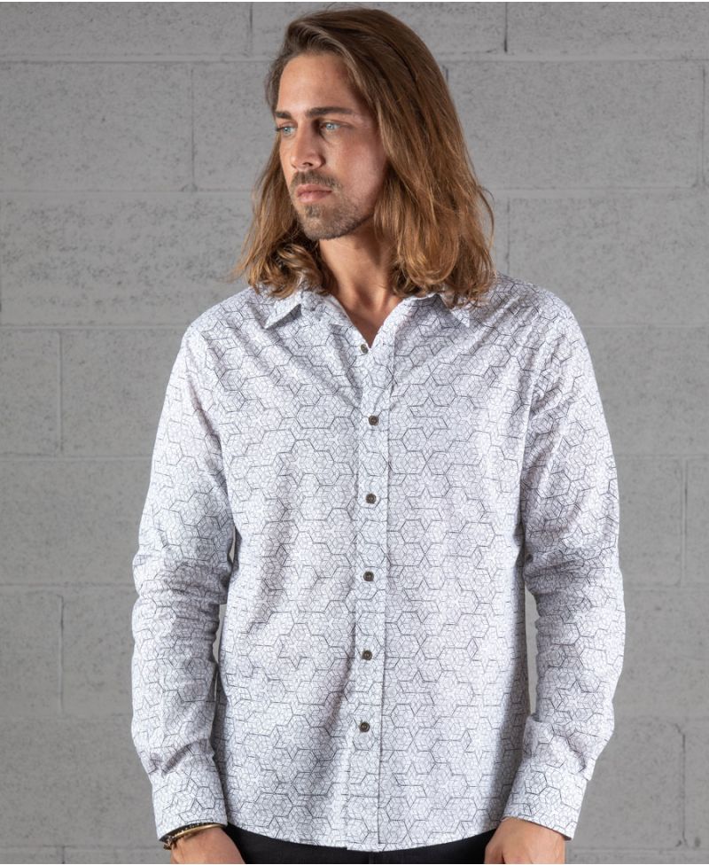 White long sleeve men button up shirt geo print  