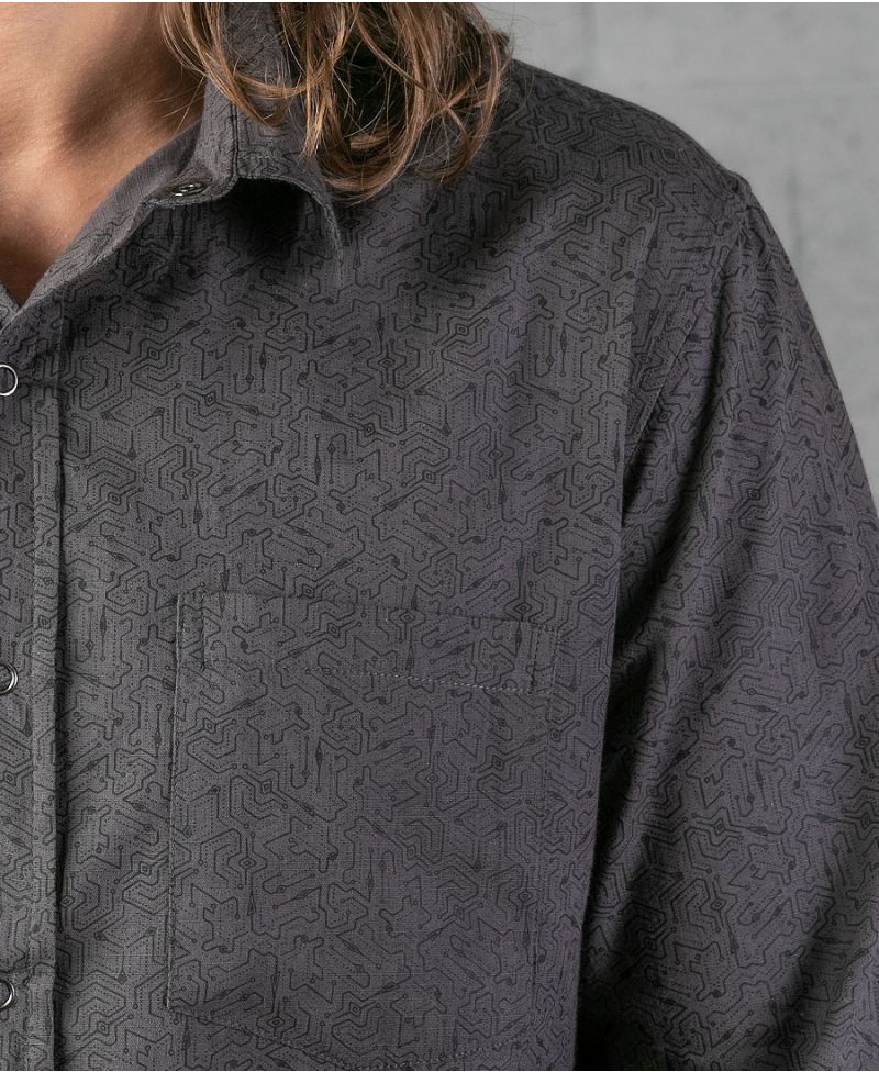 long sleeve grey button down shirt geo print
