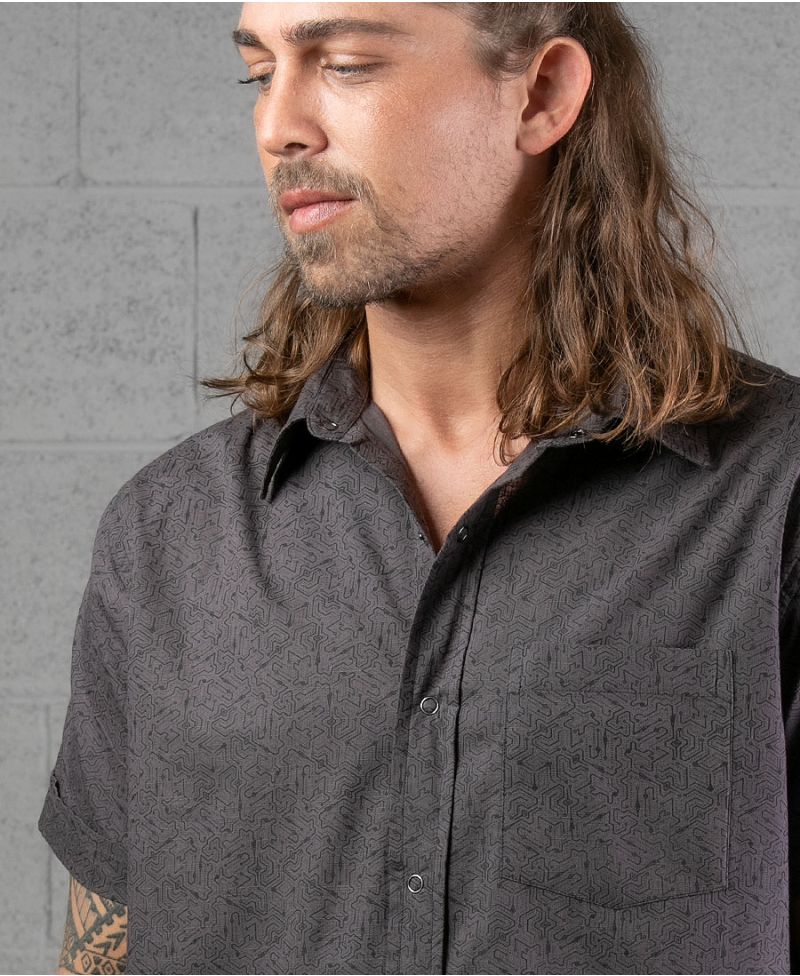 men button up shirt short sleeve grey texture 