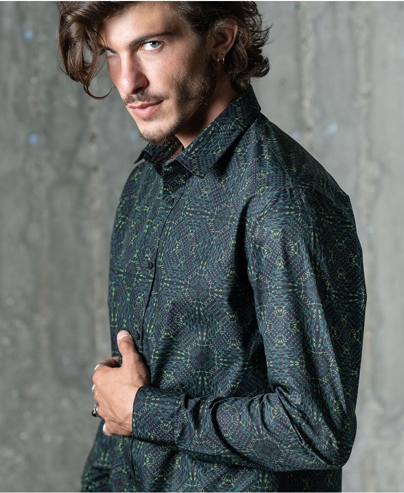 trippy print long sleeve men button up shirt green