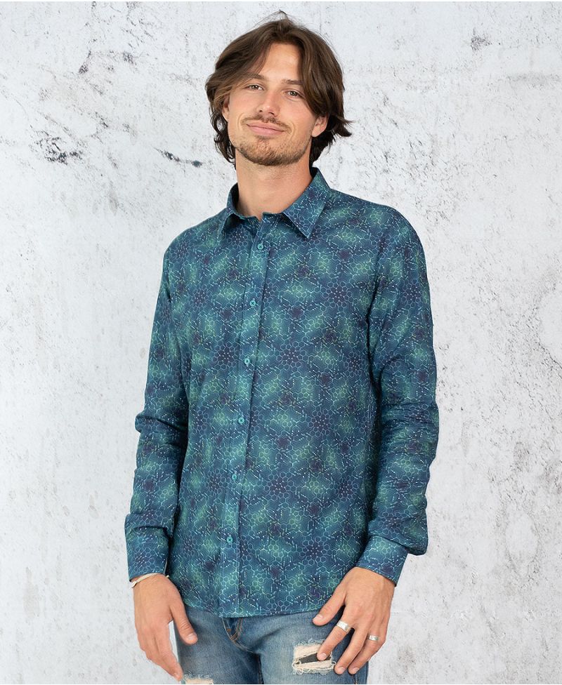 men button up shirt long sleeve printed blue  