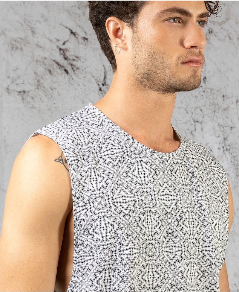 Men White Tank Top Psychedelic Print