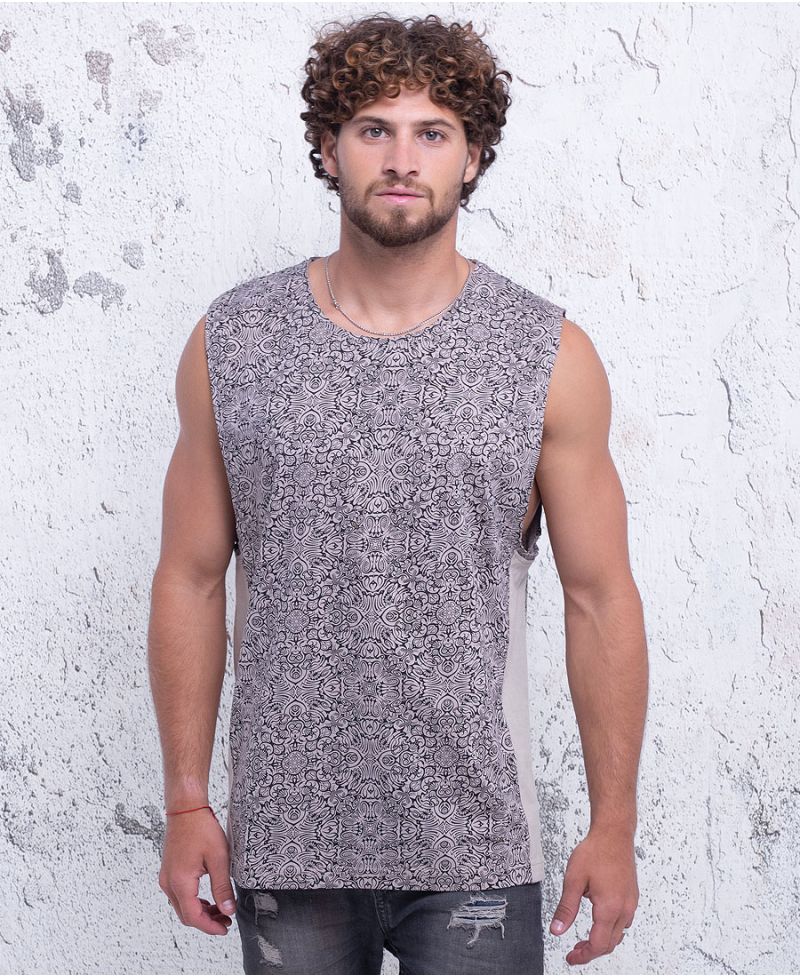 Nomad Cotton Tank Top for Men with Geometric Screen Print / Off