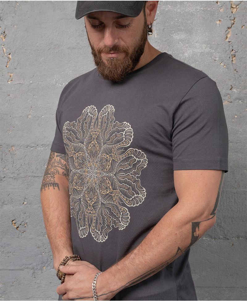 Psychedelic Shirt For Men Grey Tshirt Mandala Print