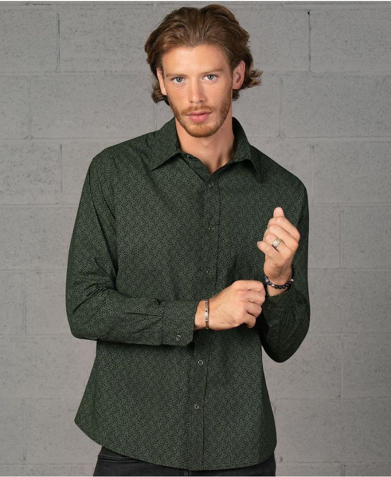 long button up men shirt celtic print dark green