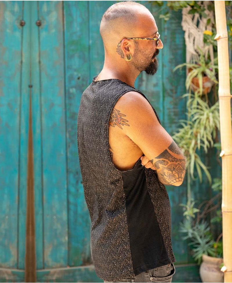 Black Printed Tank Top for men Boho Hippie