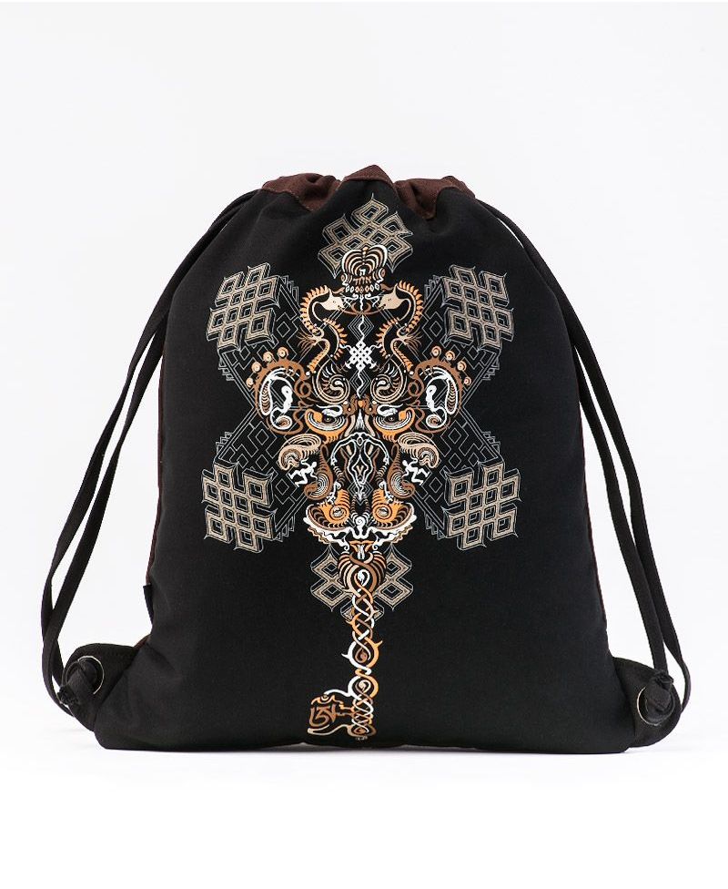 Om On Key Drawstring Backpack ➟ Black & Brown