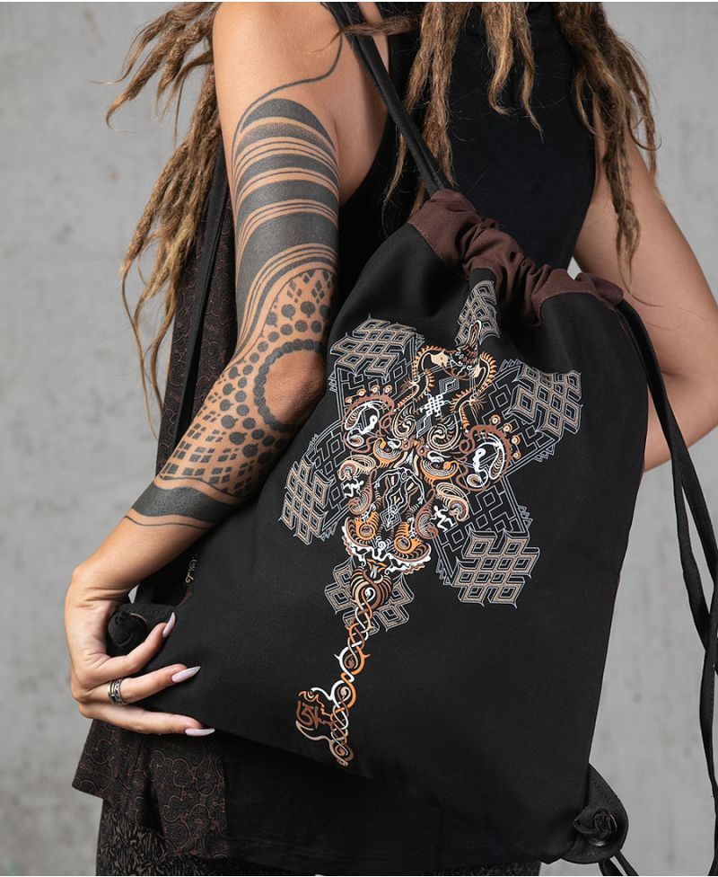Om On Key Drawstring Backpack ➟ Black & Brown