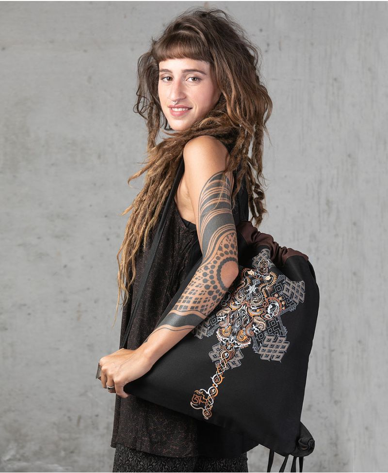 Om On Key Drawstring Backpack ➟ Black & Brown