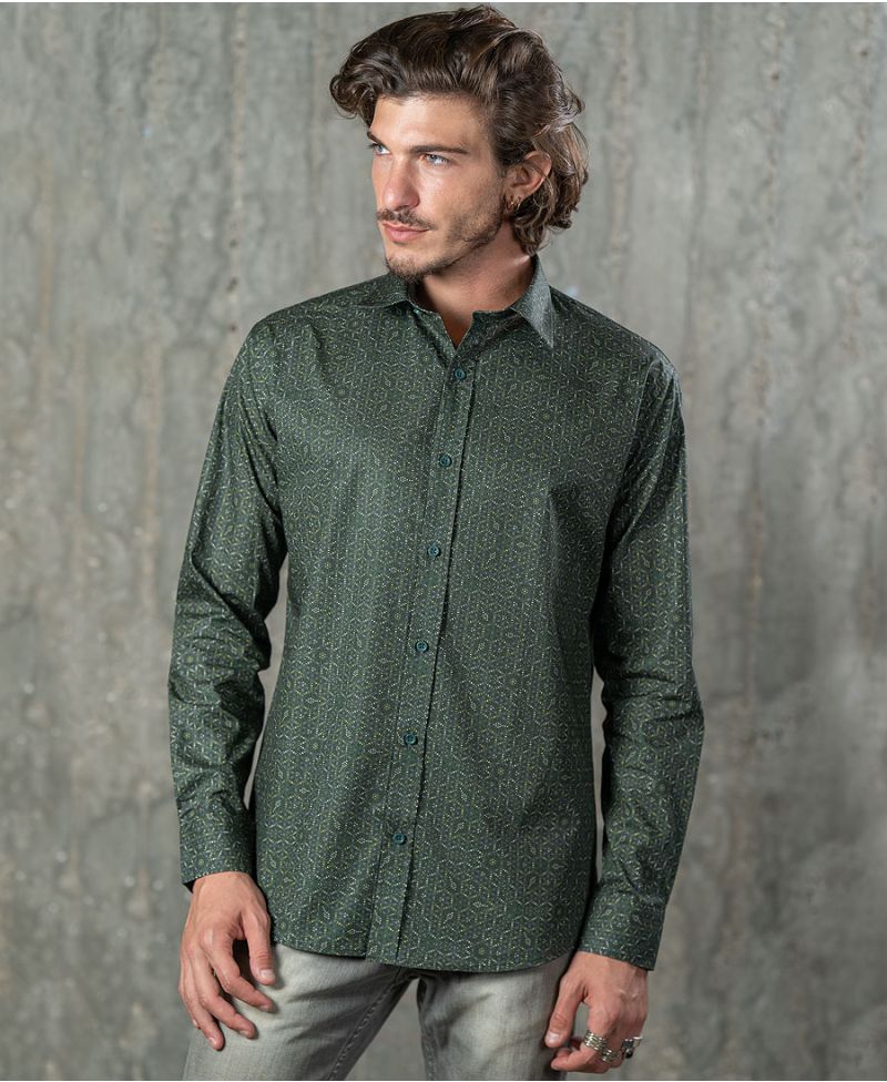 Green floral pattern print long sleeve button shirt