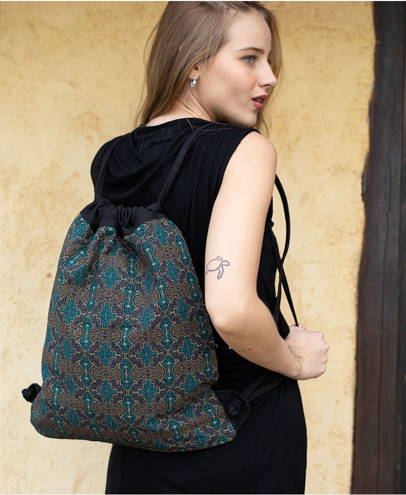 Shipibo Kené Drawstring Backpack ➟ Black