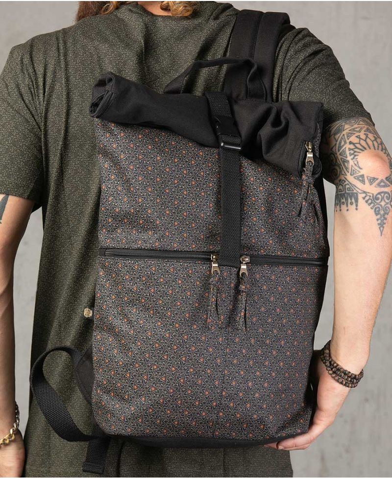 geometric roll top backpack large travel bag Celtic print