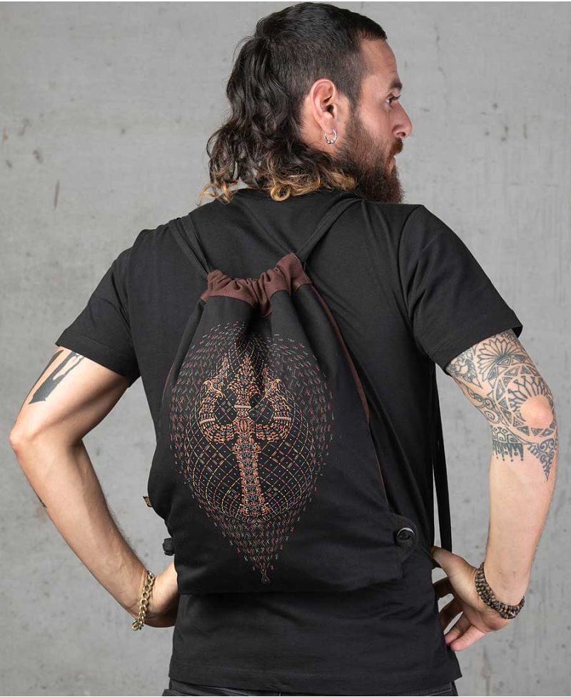 Trishula Drawstring Backpack ➟ Black & Brown