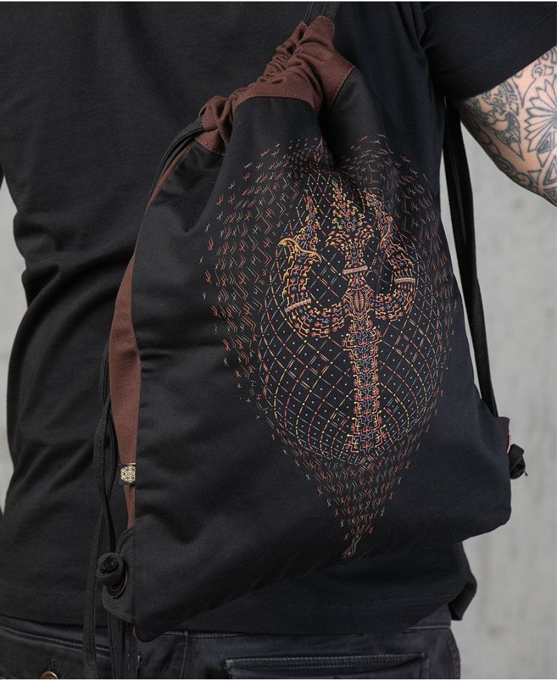 Trishula Drawstring Backpack ➟ Black & Brown