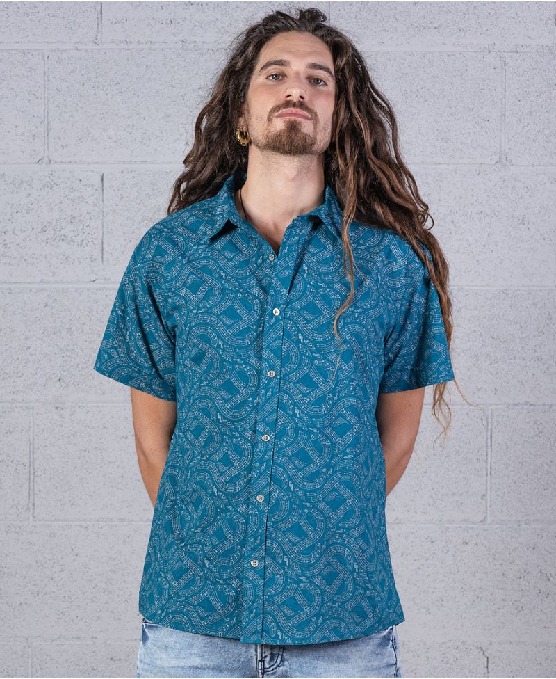 Musical Notes Men Button Down Shirt Turquoise Button Up 