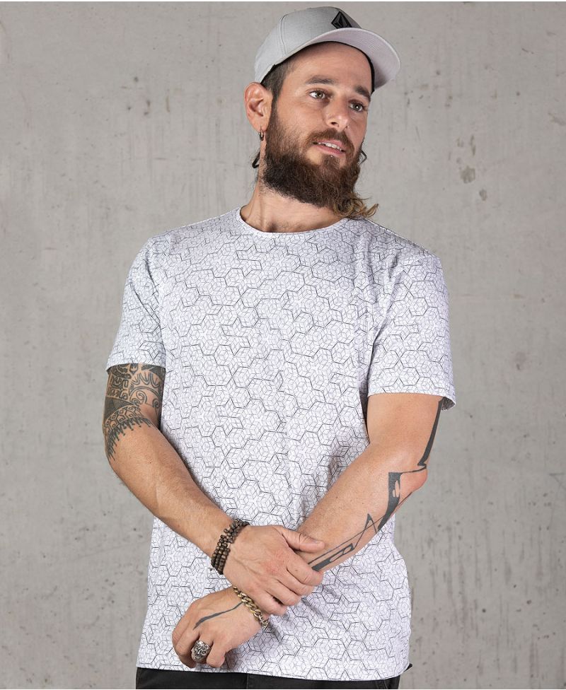 men white t shirt hexagon geo full print urban streetwear