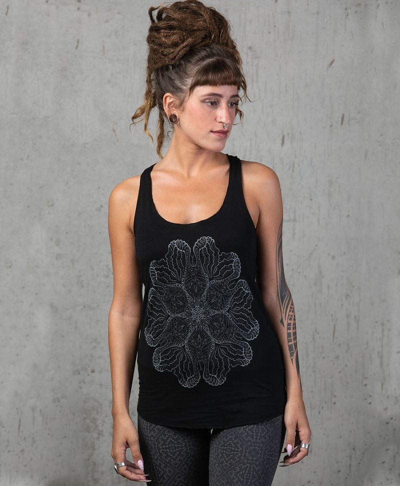 psychedelic women tank top black cotton racerback tank top