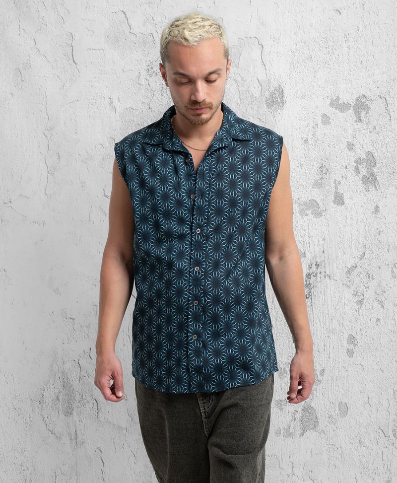 blue printed button up sleeveless shirt