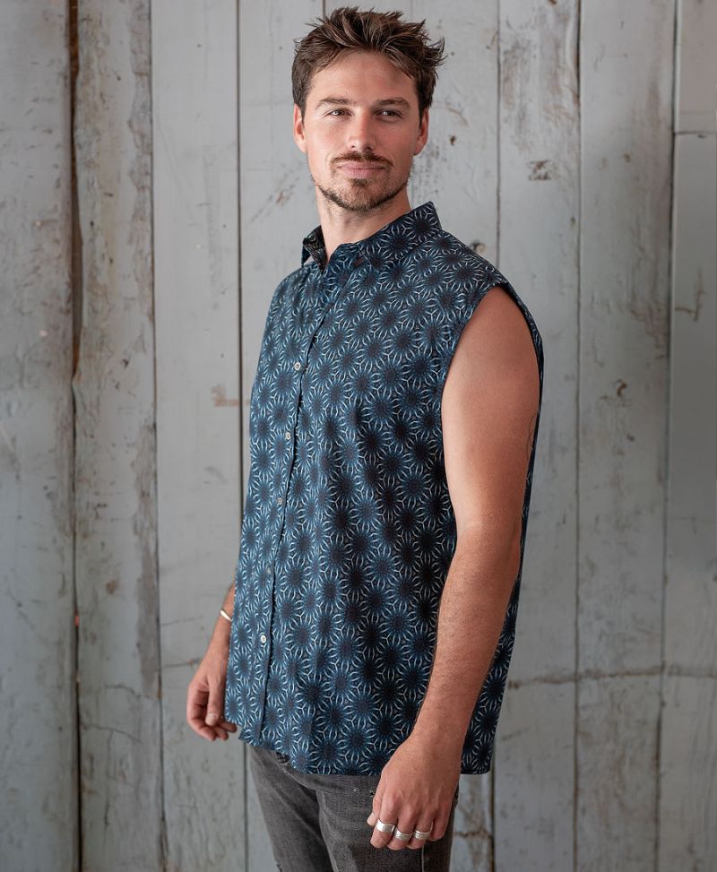 blue printed button up sleeveless shirt