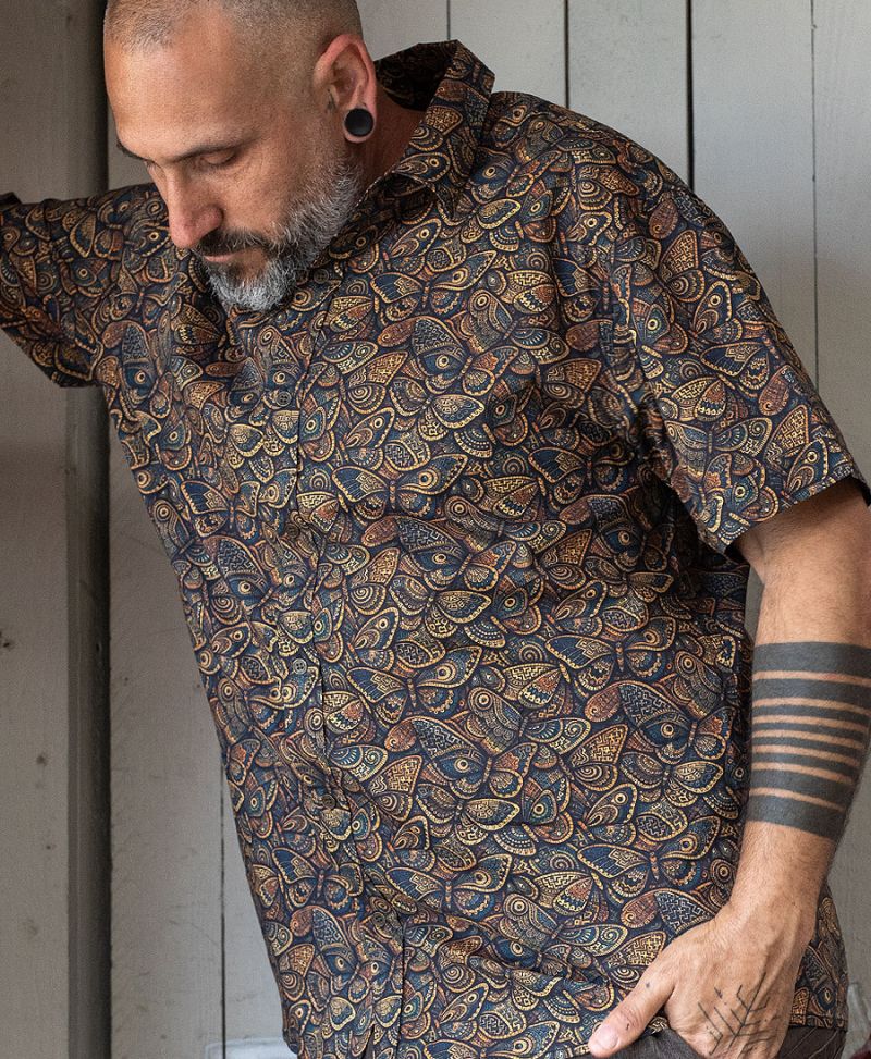Brown butterfly print button up men shirt