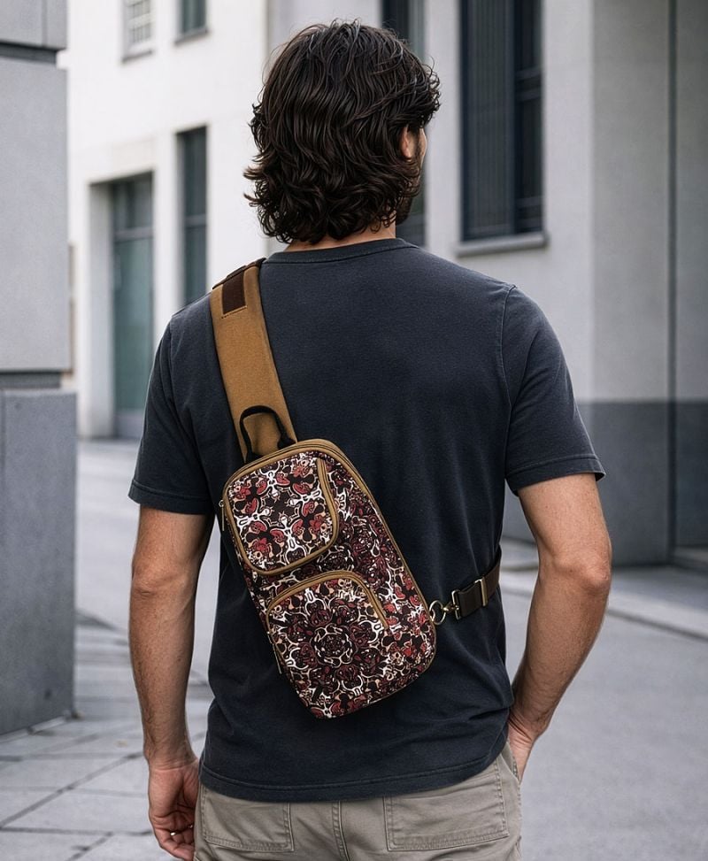 brown printed sling bag trippy 