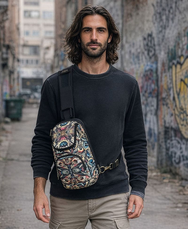 mudras print sling bag unisex vegan