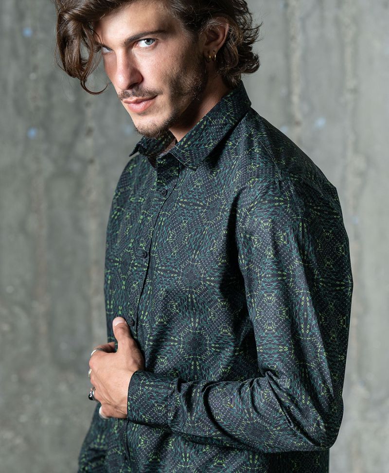 trippy print long sleeve men button up shirt green