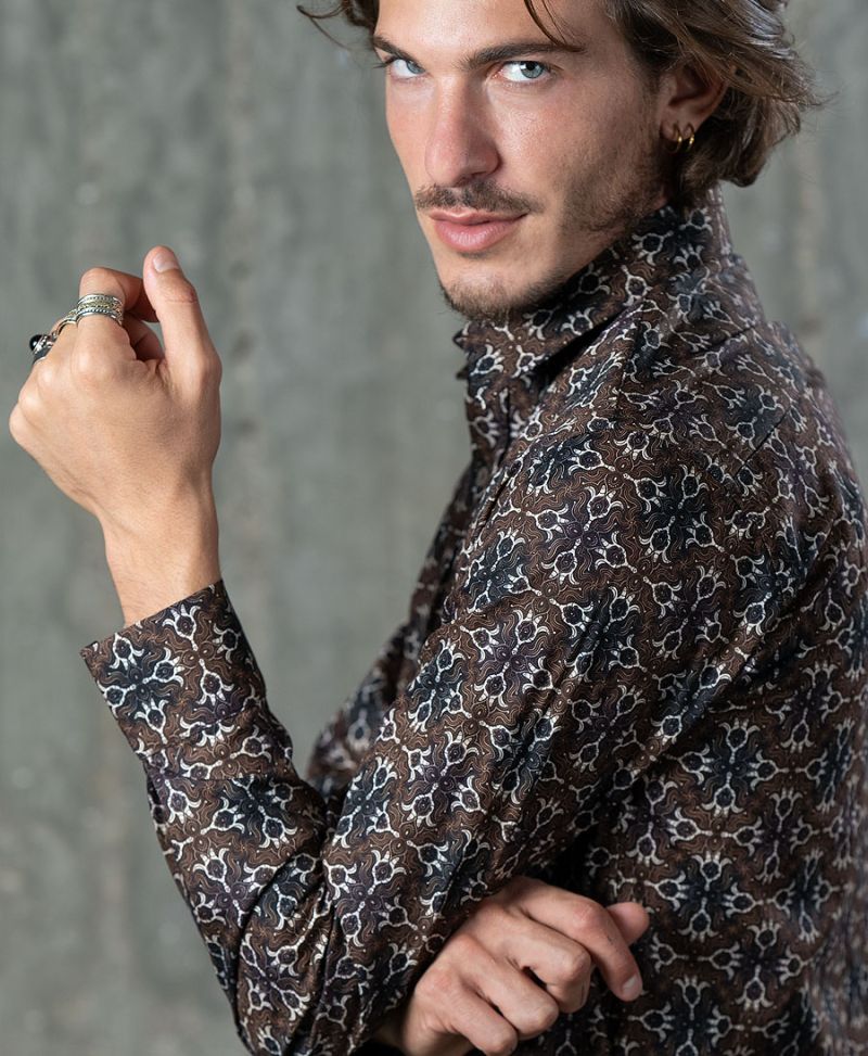 tribal men button up long sleeve shirt brown