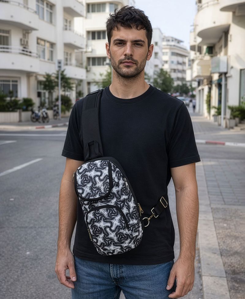 black sling bag printed vegan bags