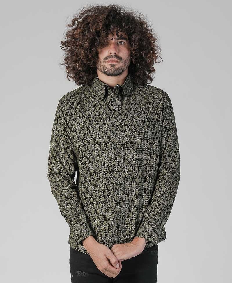 psytrance clothing men button down shirt black and gold