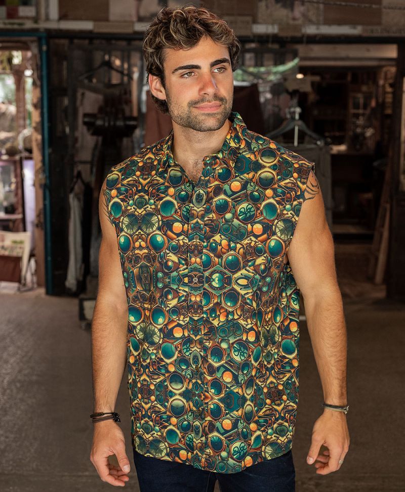 trippy sleeveless button up shirt 