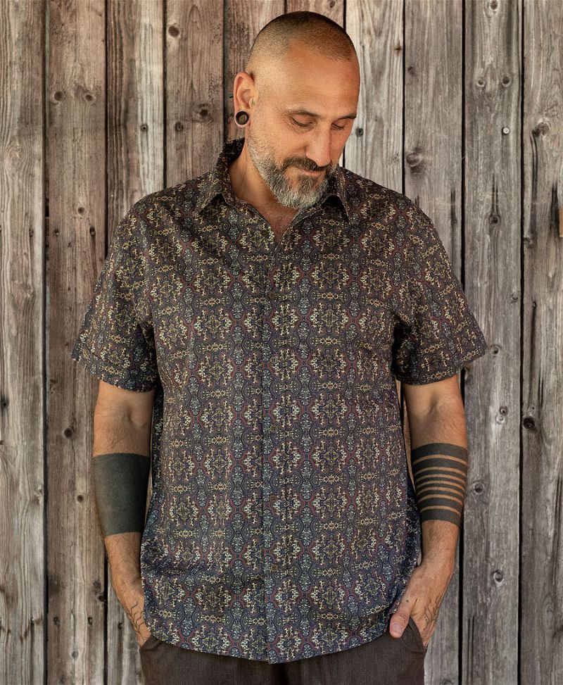 Brown butterfly print button up men shirt