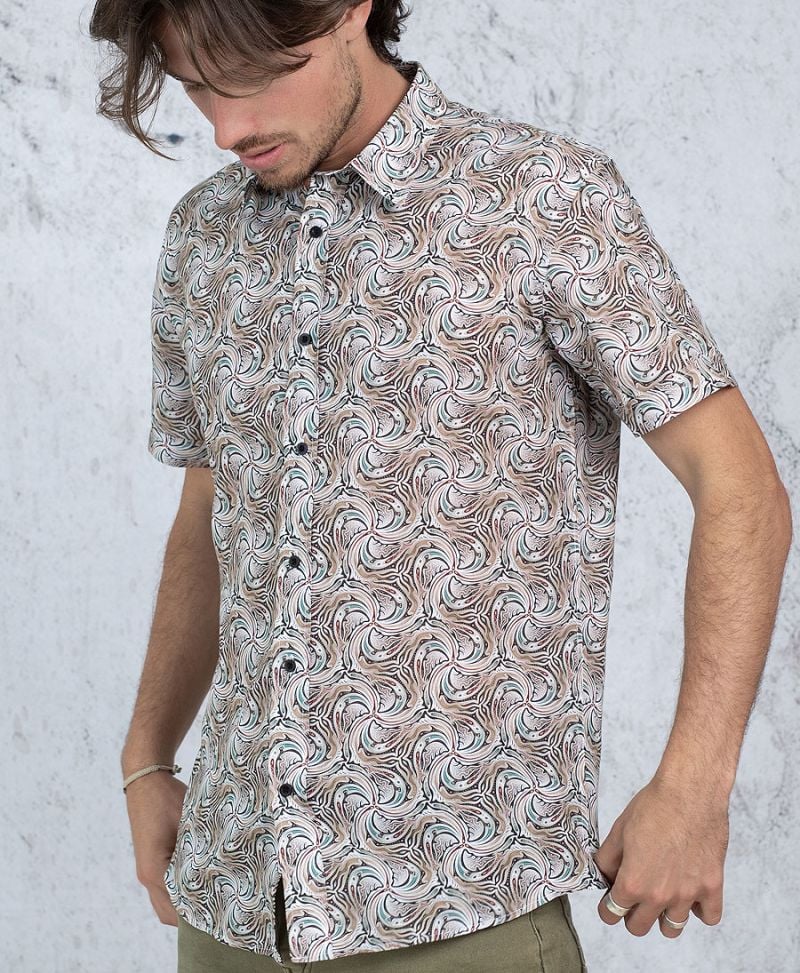 Men Button Up Shirt Trippy White Print