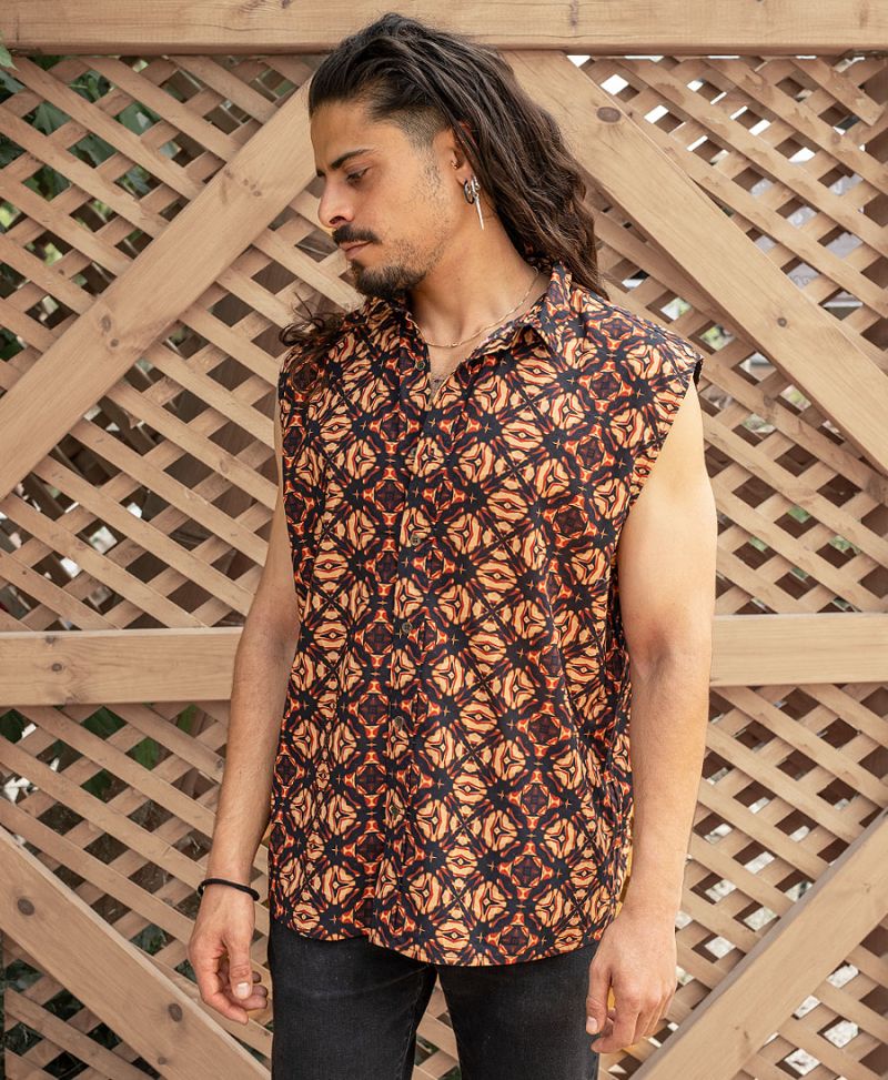 brown printed button up sleeveless shirt