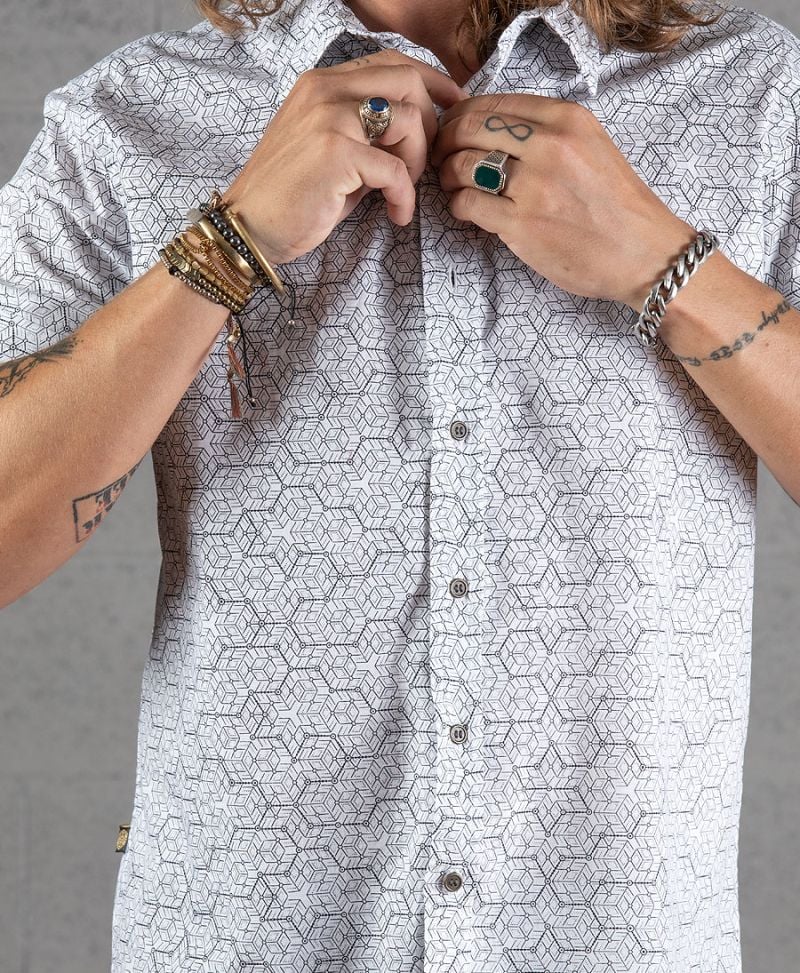 white button up shirt for men geometric pattern