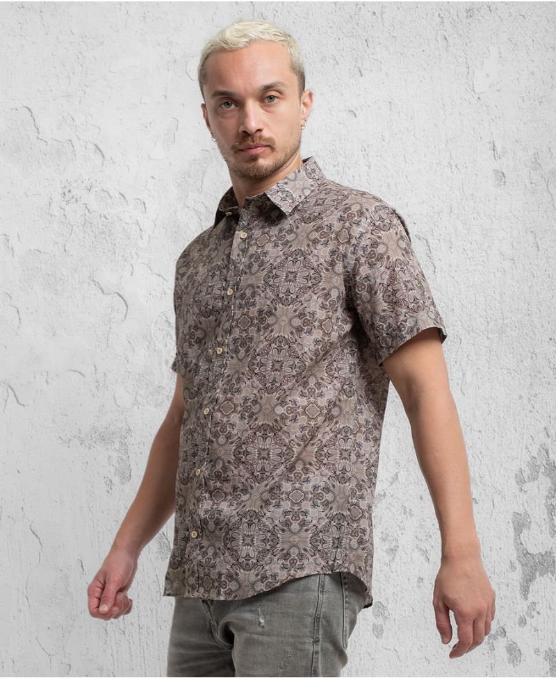 beige button up shirt men short sleeve