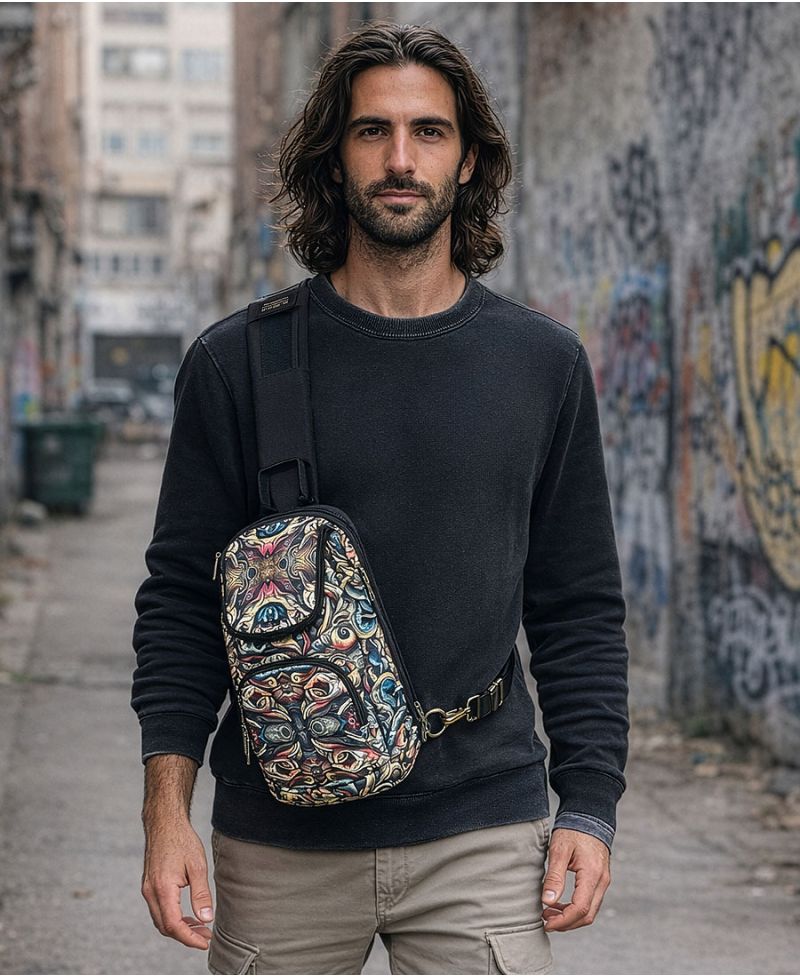 mudras print sling bag unisex vegan