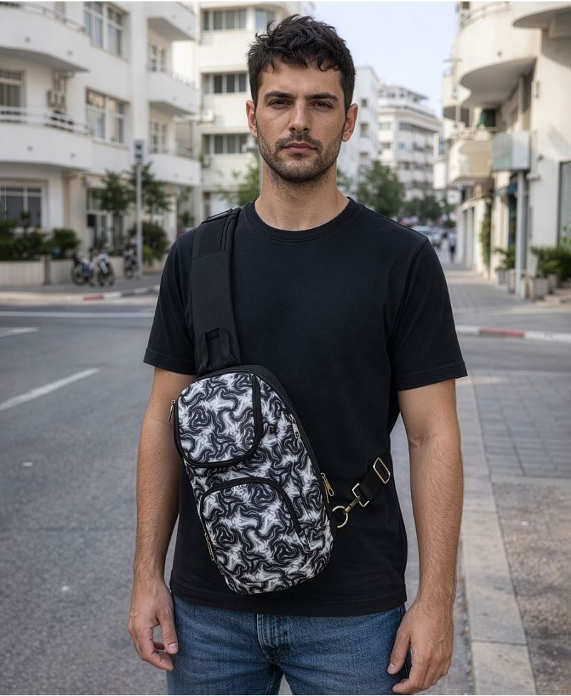 black sling bag printed vegan bags