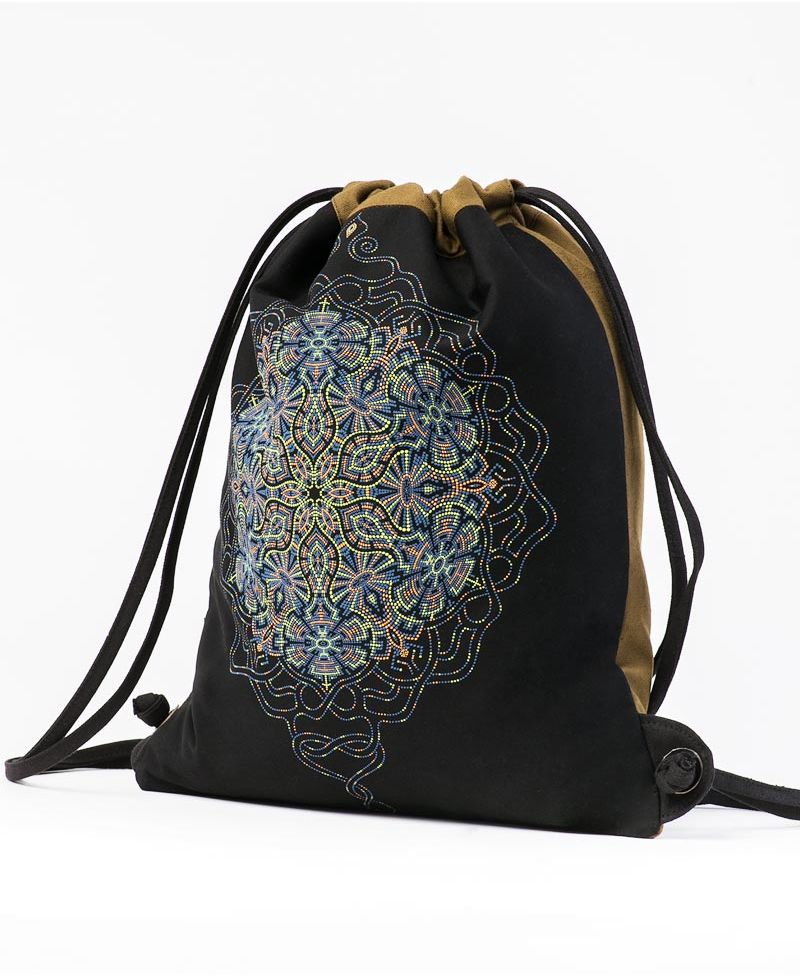 Peyote Drawstring Backpack ➟ Black & Khaki