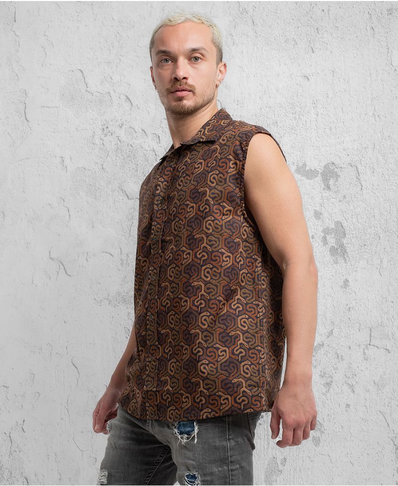 snake print sleeveless button up shirt