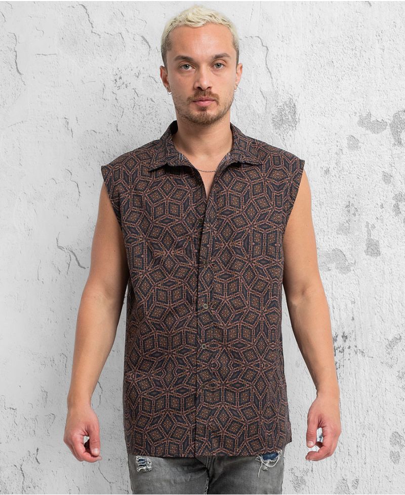 snake print sleeveless button up shirt