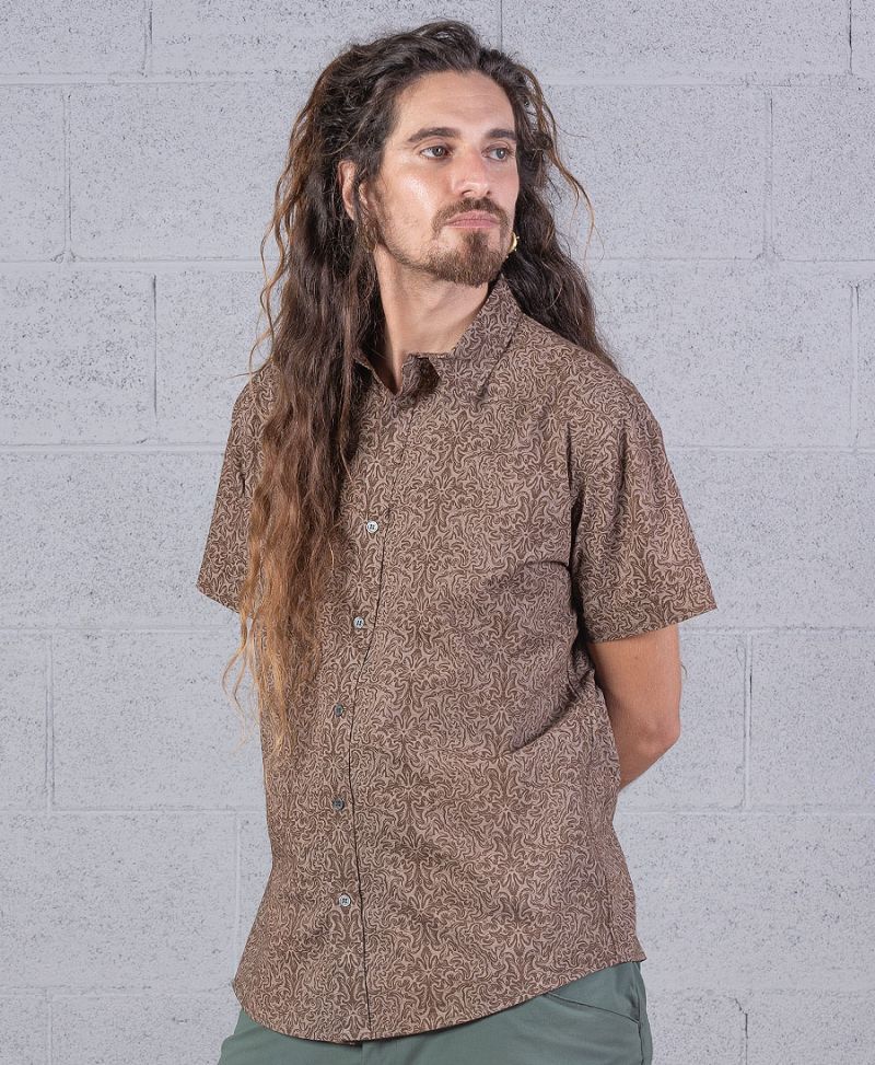 Boho Hippie Men Button Down Brown Shirt