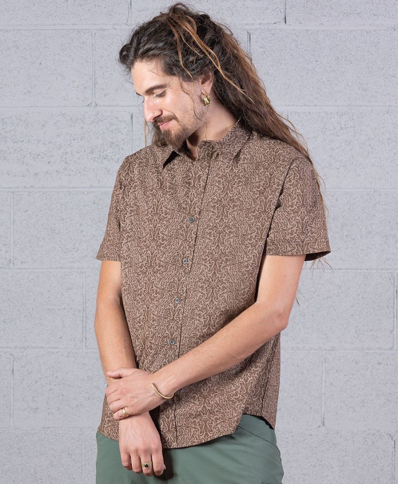 Boho Hippie Men Button Down Brown Shirt